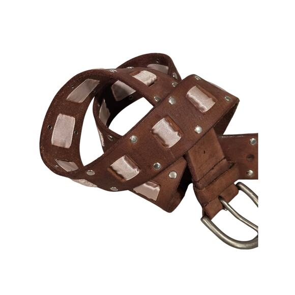 Brown Distressed Leather Belt Pink Satin Ribbon Silver Studs Brass Hardware Sz L - Picture 2 of 7